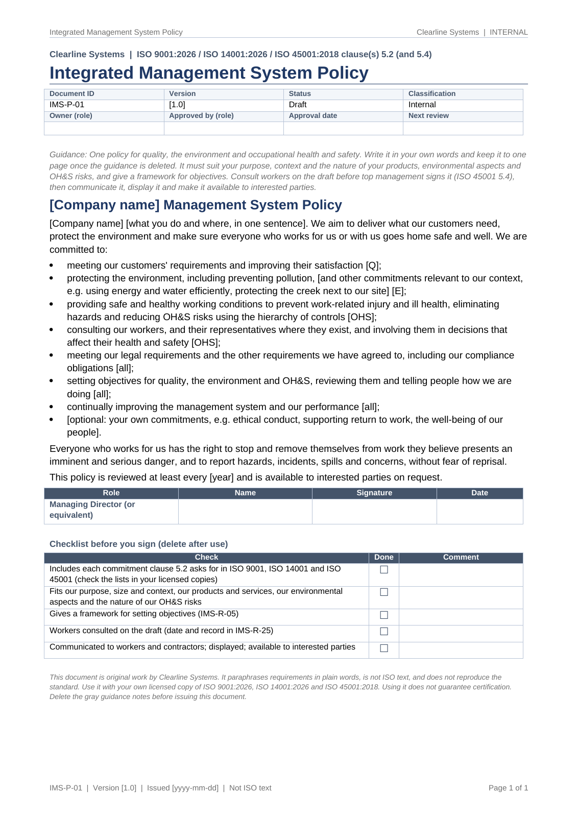 Integrated management system policy, page 1: one policy with quality, environmental and OH&S commitments and a checklist before you sign