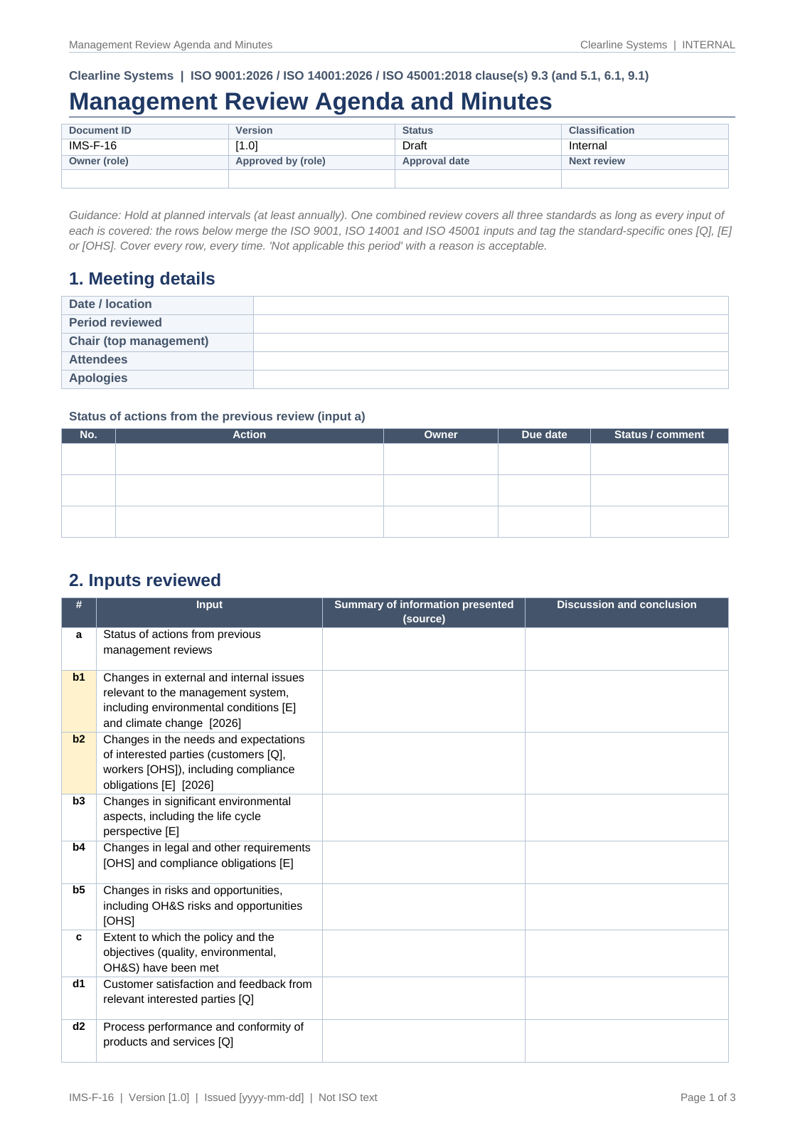 Management review agenda and minutes, page 1: meeting details, actions from previous reviews and the inputs for all three standards, each with a summary and conclusion