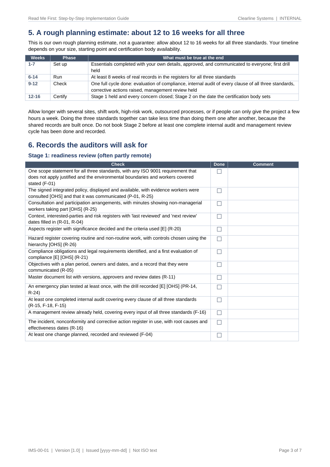 Read Me First: a rough planning estimate for all three standards together, then the records the auditor will ask for at Stage 1 and Stage 2, with tick boxes