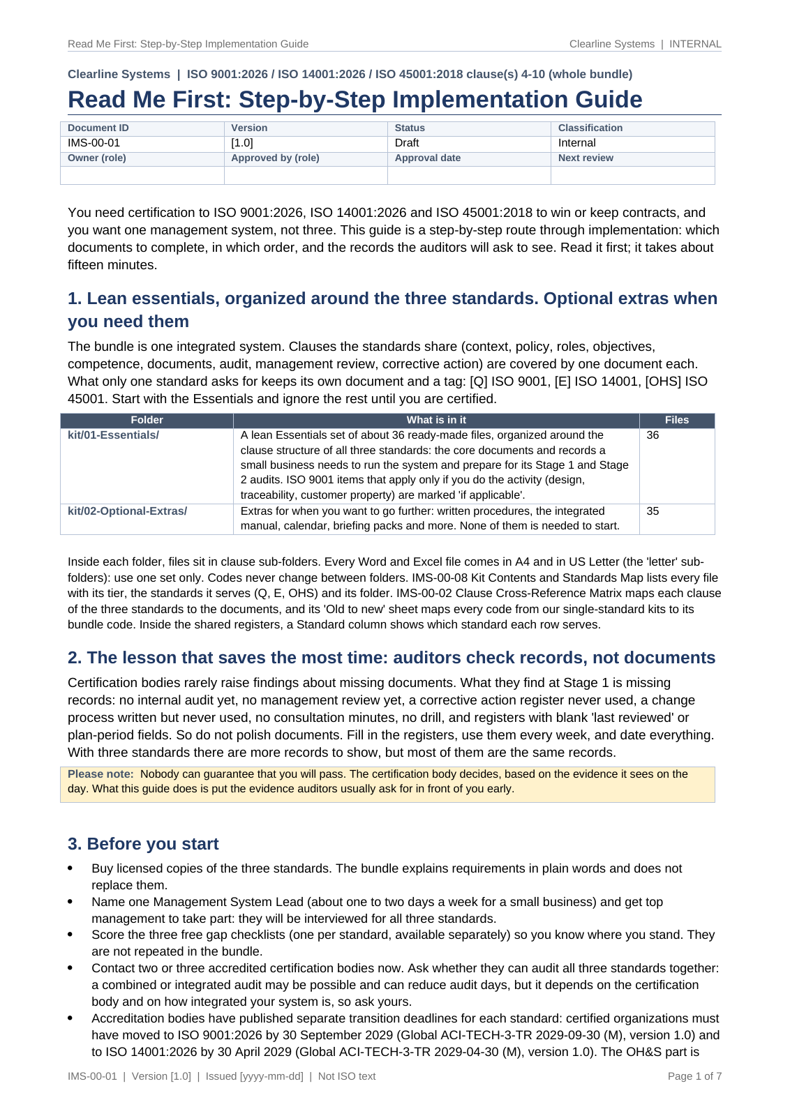 Read Me First, page 1: why you need it, how the Essentials and Optional folders work for all three standards, auditors check records not documents, and before you start