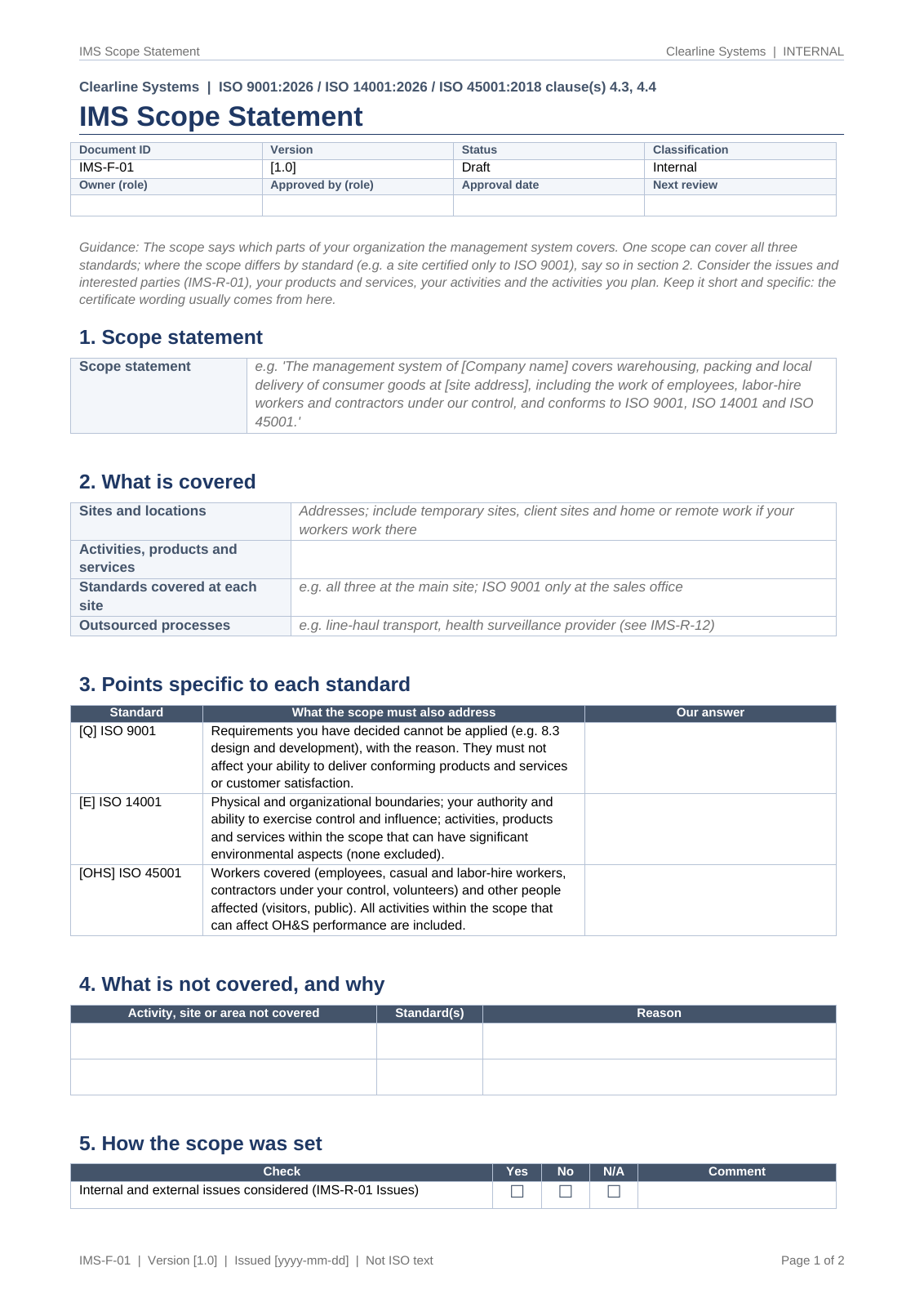 IMS scope statement, page 1: scope statement, what is covered, points specific to each standard, what is not covered and how the scope was set