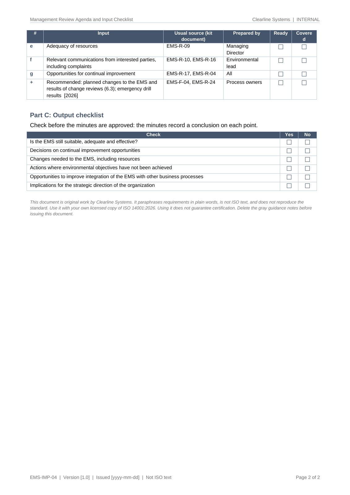 Management review input checklist with each input, source kit document, preparer and Ready/Covered ticks