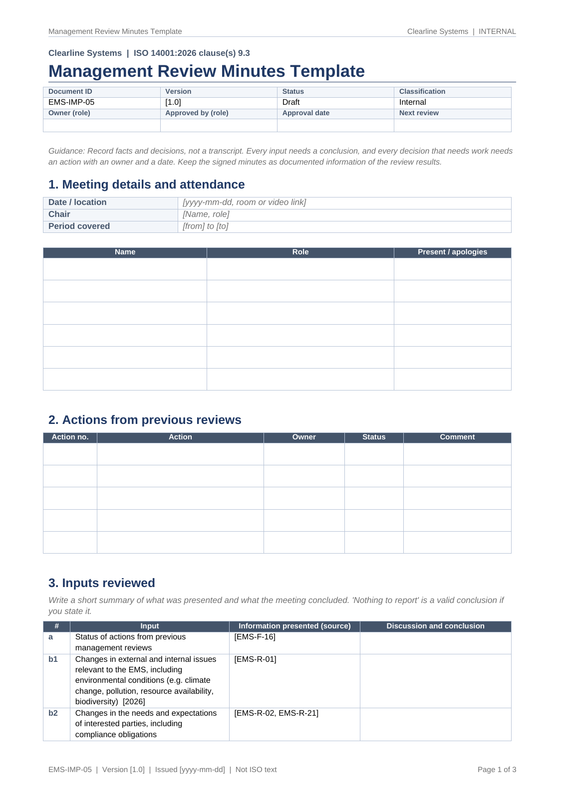 Management review minutes template, page 1: attendance, actions from previous reviews and the first inputs