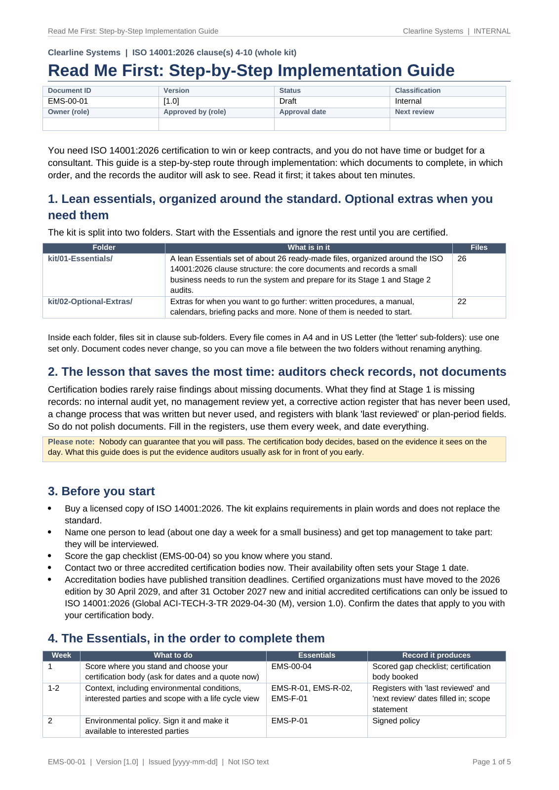 Read Me First, page 1: Essentials and Optional folders, "auditors check records, not documents", before you start, and the Essentials in week-by-week order