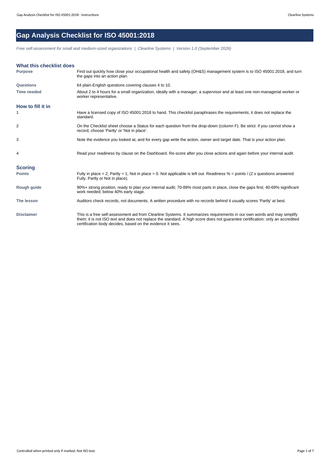 Instructions sheet of the Excel checklist: what it does, how to fill it in and how scoring works
