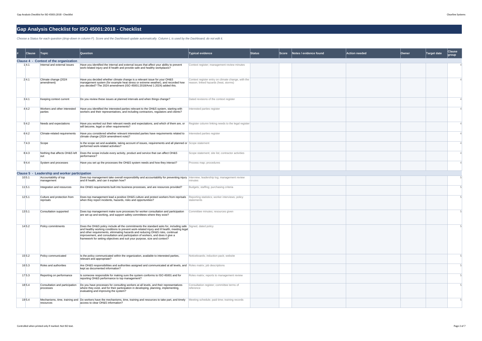 Blank checklist sheet of the Excel workbook with questions, typical evidence and status drop-downs