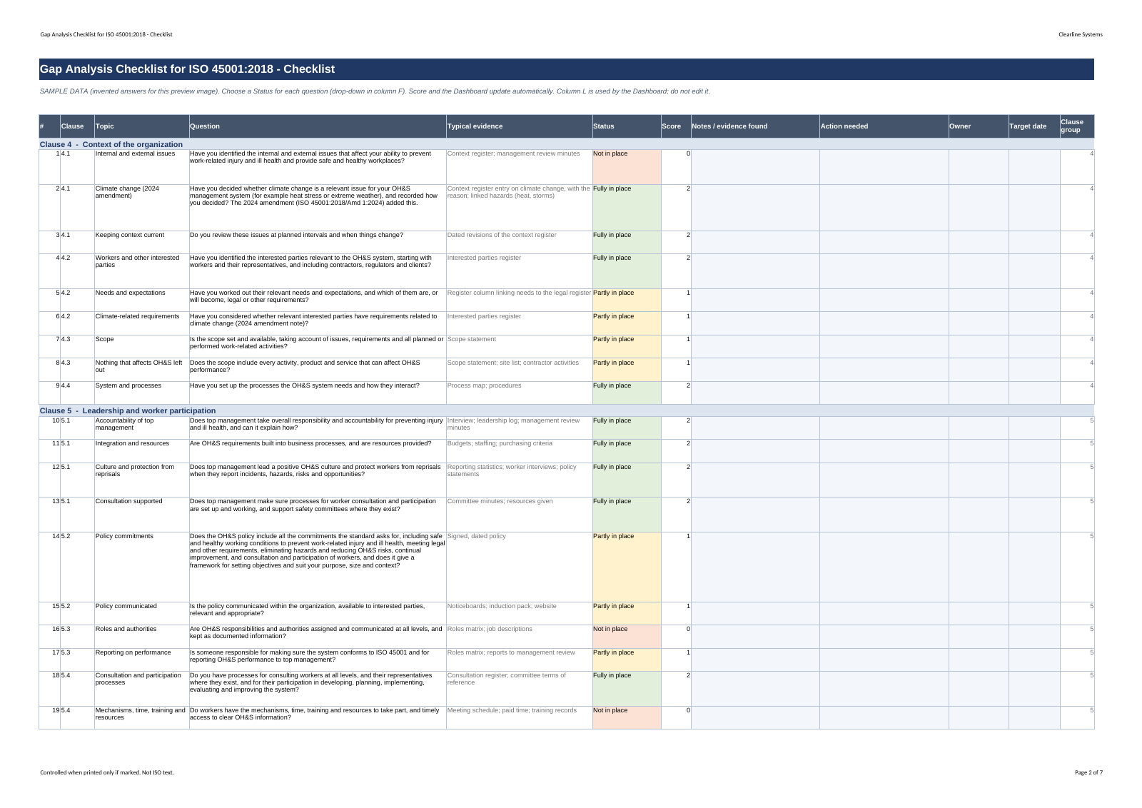 Excel checklist sheet filled with sample answers, evidence notes and actions