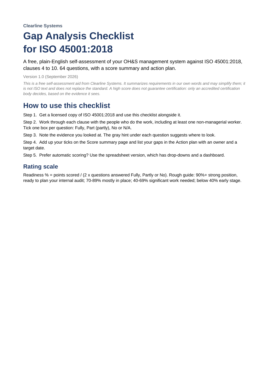 Cover page of the printable Word checklist with how to use it and the rating scale