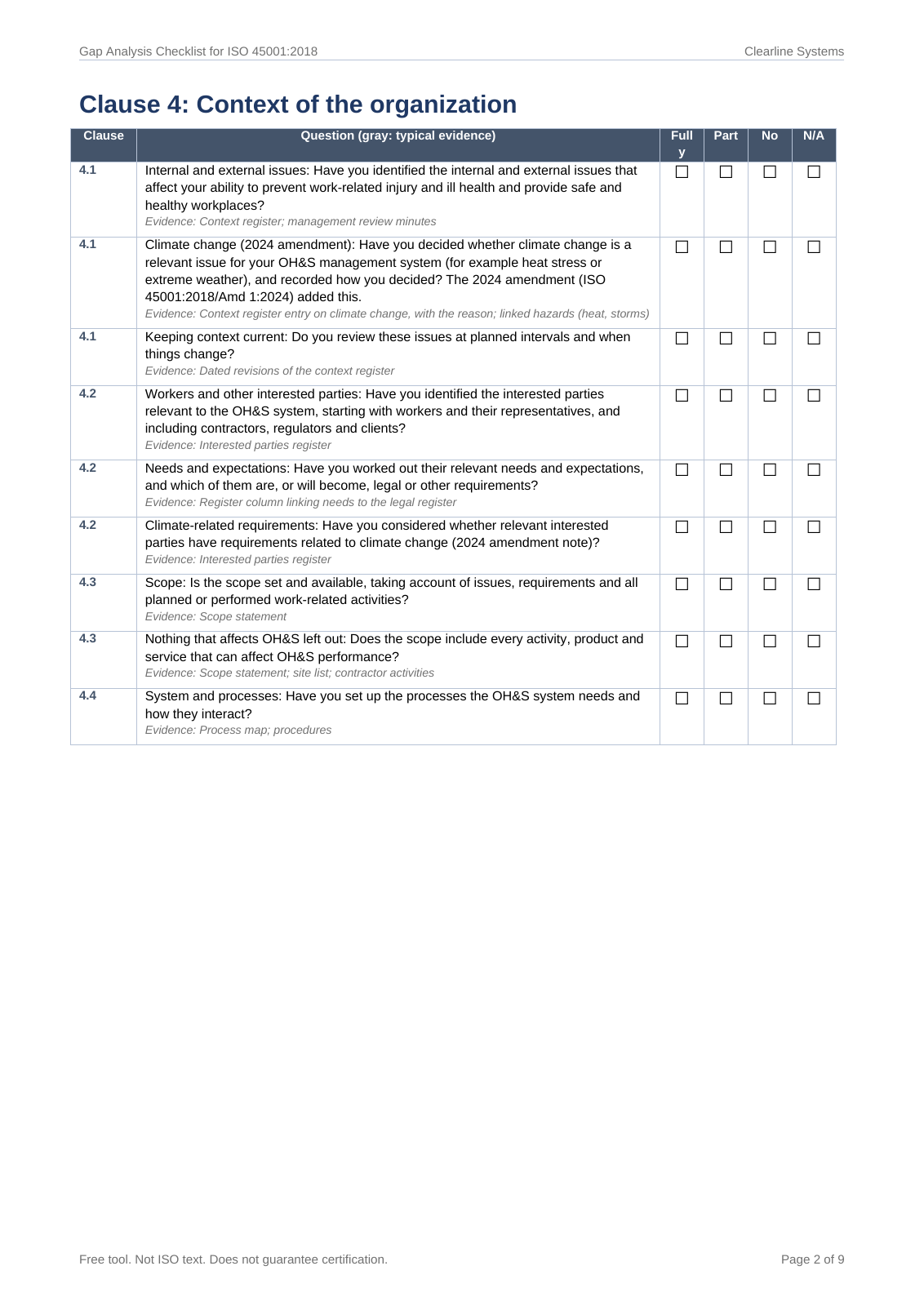 Clause 4 page of the printable Word checklist with tick boxes