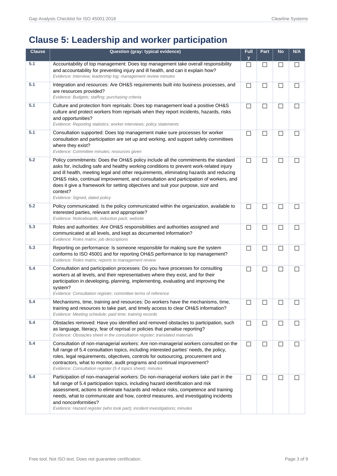 Clause 5 page of the printable Word checklist, leadership and worker participation, with tick boxes