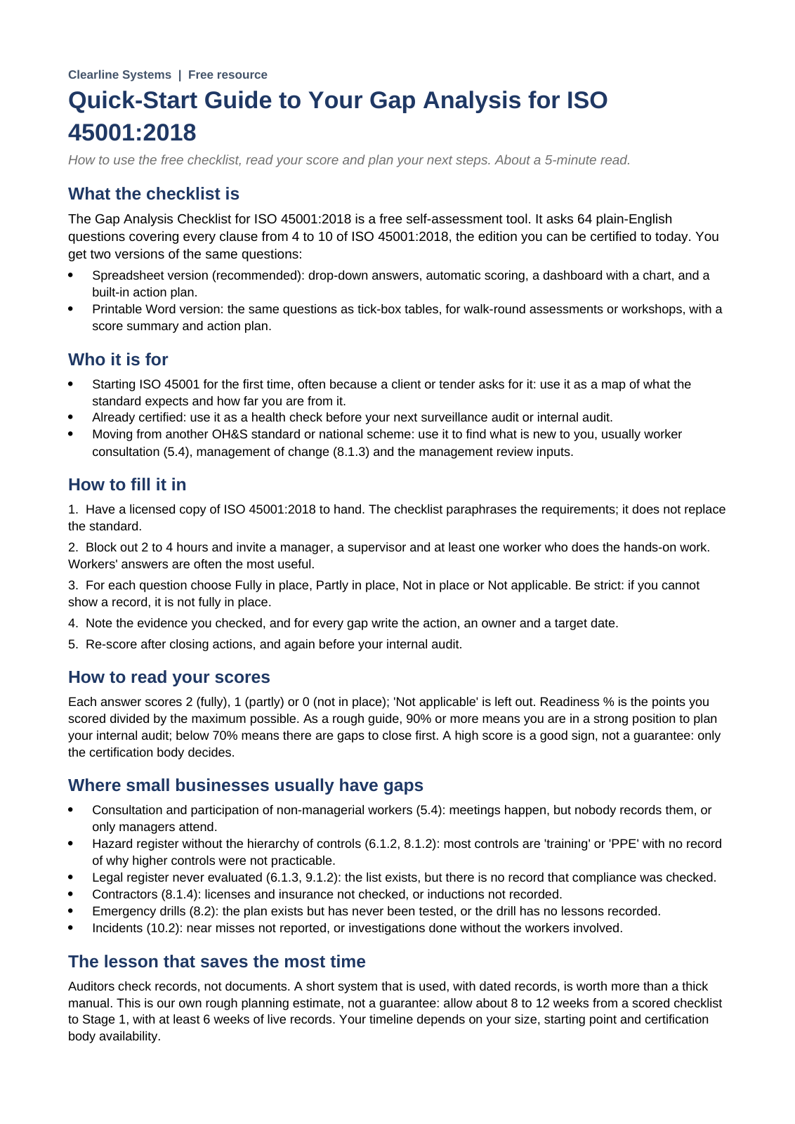 Page 1 of the Gap Analysis Intro Guide for ISO 45001:2018
