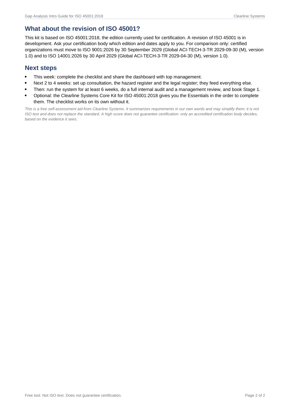 Page 2 of the Gap Analysis Intro Guide for ISO 45001:2018: about the revision of ISO 45001 and next steps