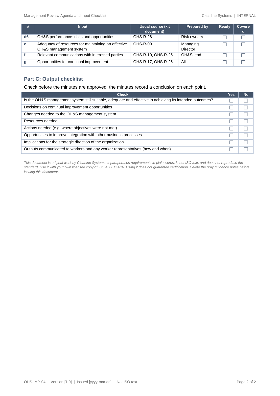 Management review input checklist with each input, source kit document, preparer and Ready/Covered ticks, then the output checklist