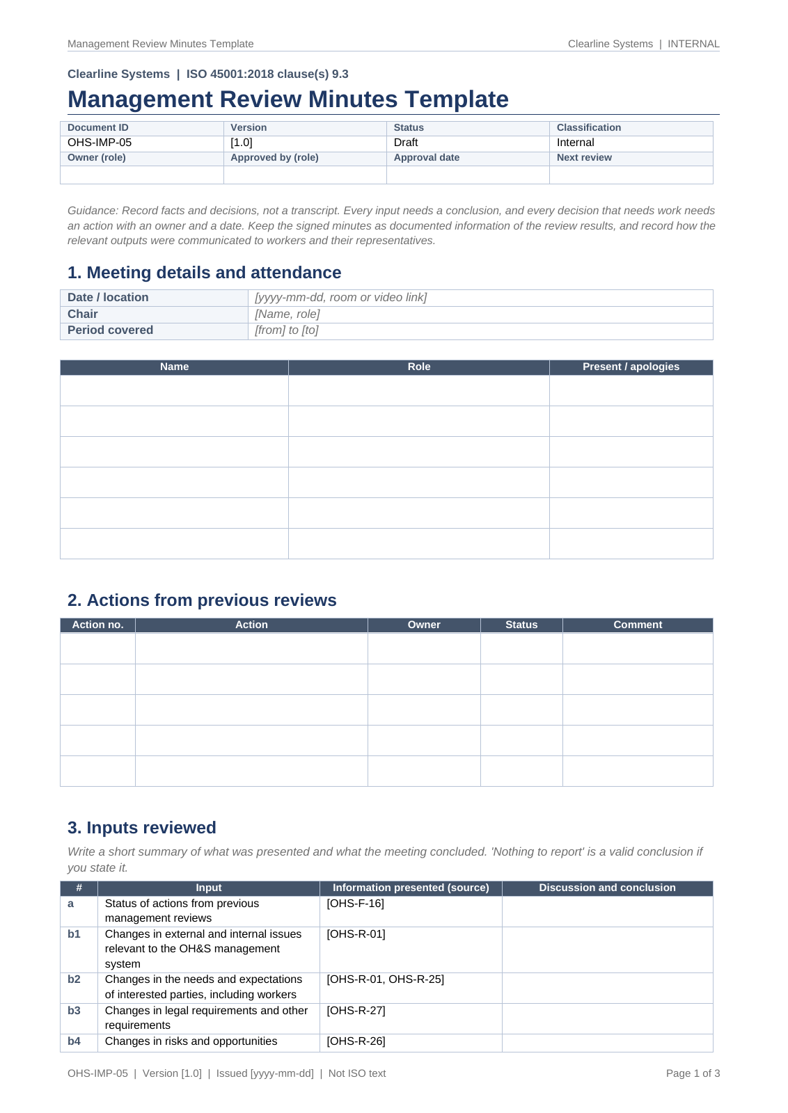 Management review minutes template, page 1: meeting details, attendance, actions from previous reviews and the first inputs