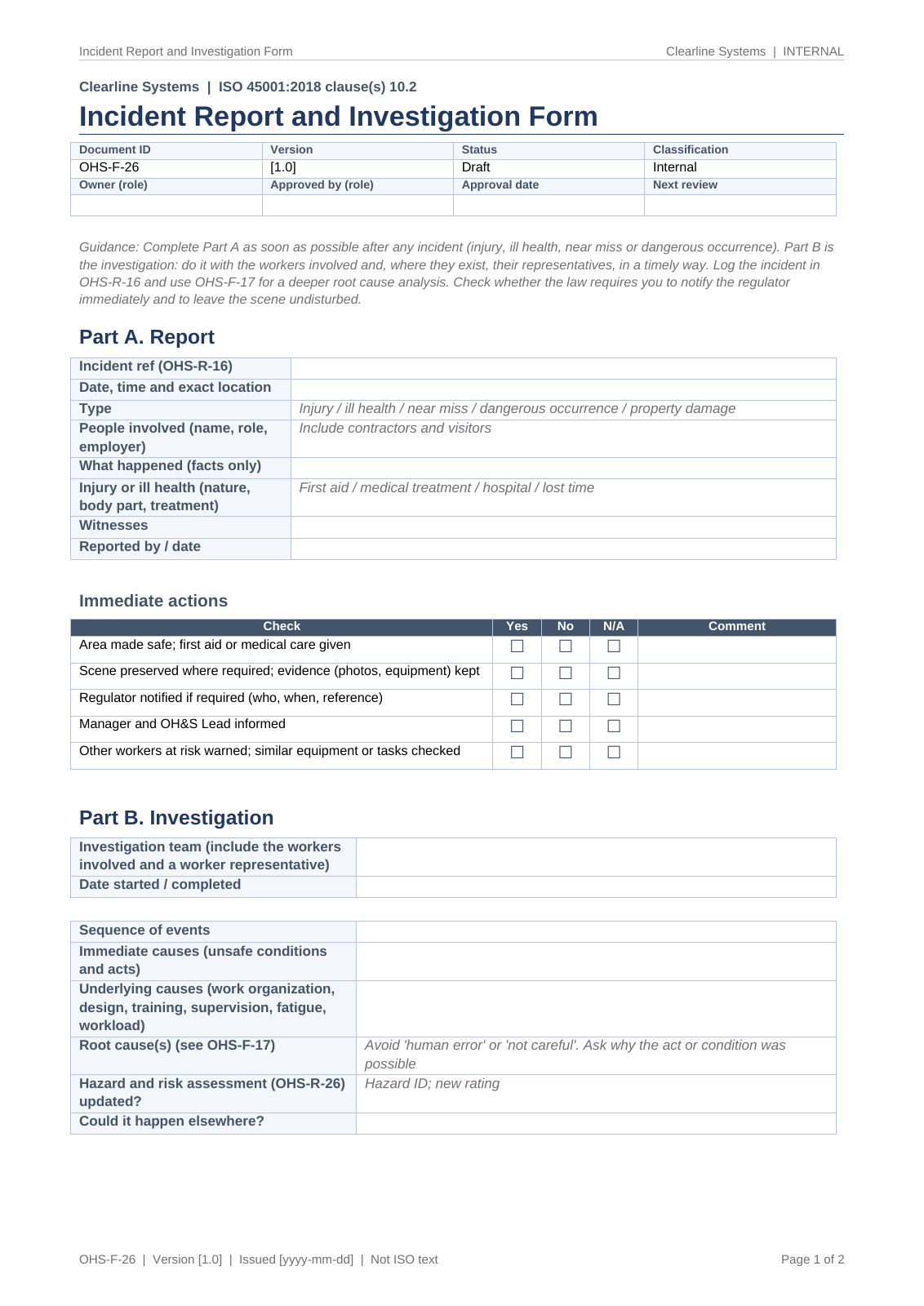 Incident report and investigation form, page 1: report details, immediate actions checklist and the investigation with workers, root cause and hazard register update