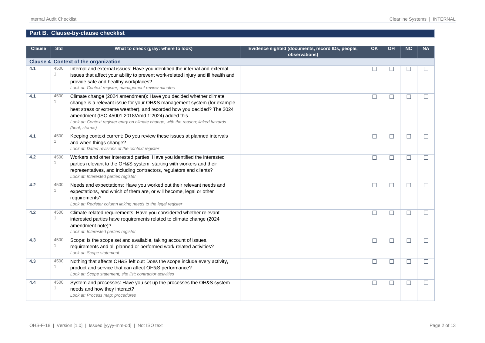 Internal audit checklist, clause 4 prompts with where to look, evidence sighted and OK / OFI / NC / NA tick boxes