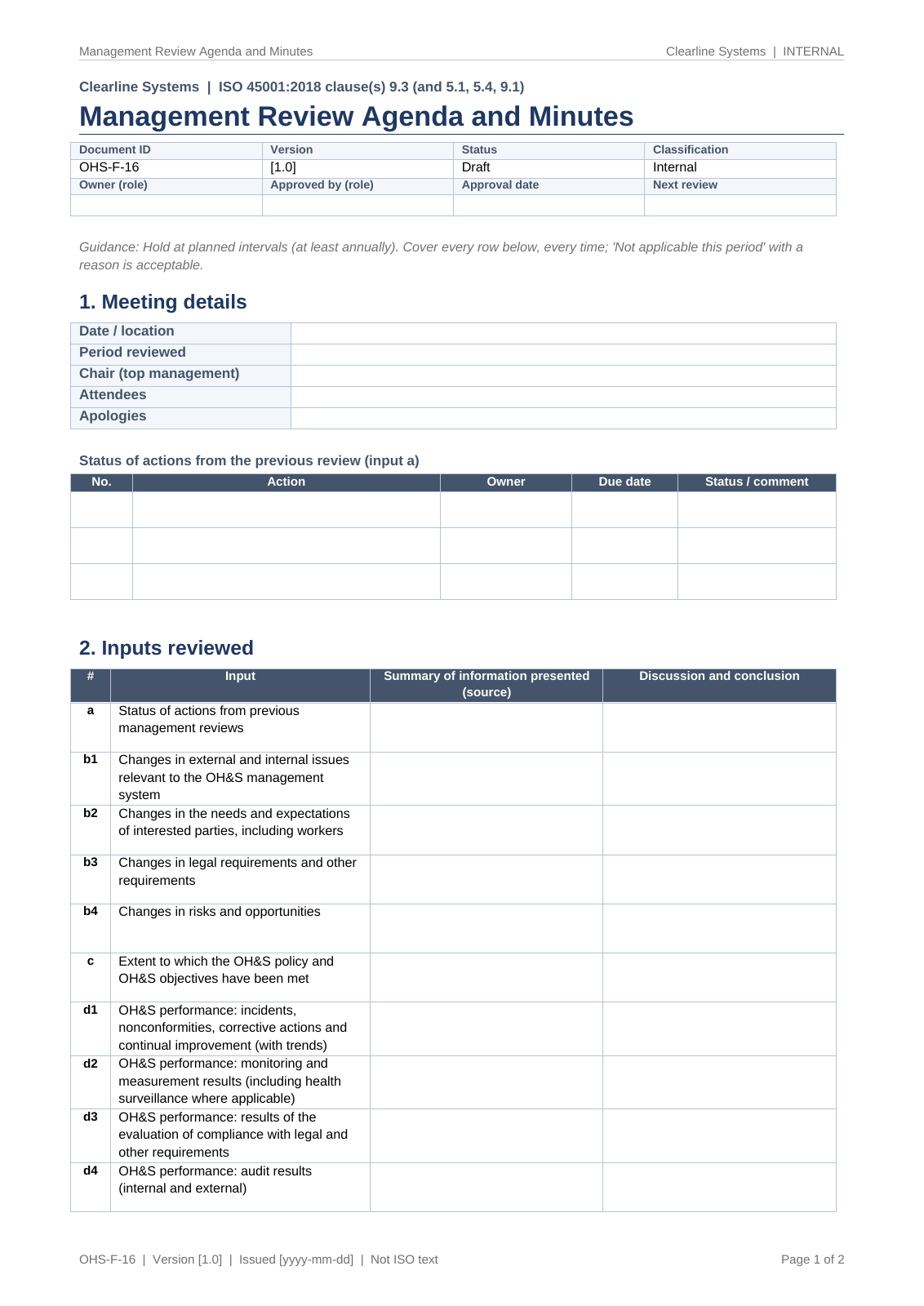 Management review agenda and minutes, page 1: meeting details, actions from previous reviews and the inputs reviewed, each with a summary and conclusion
