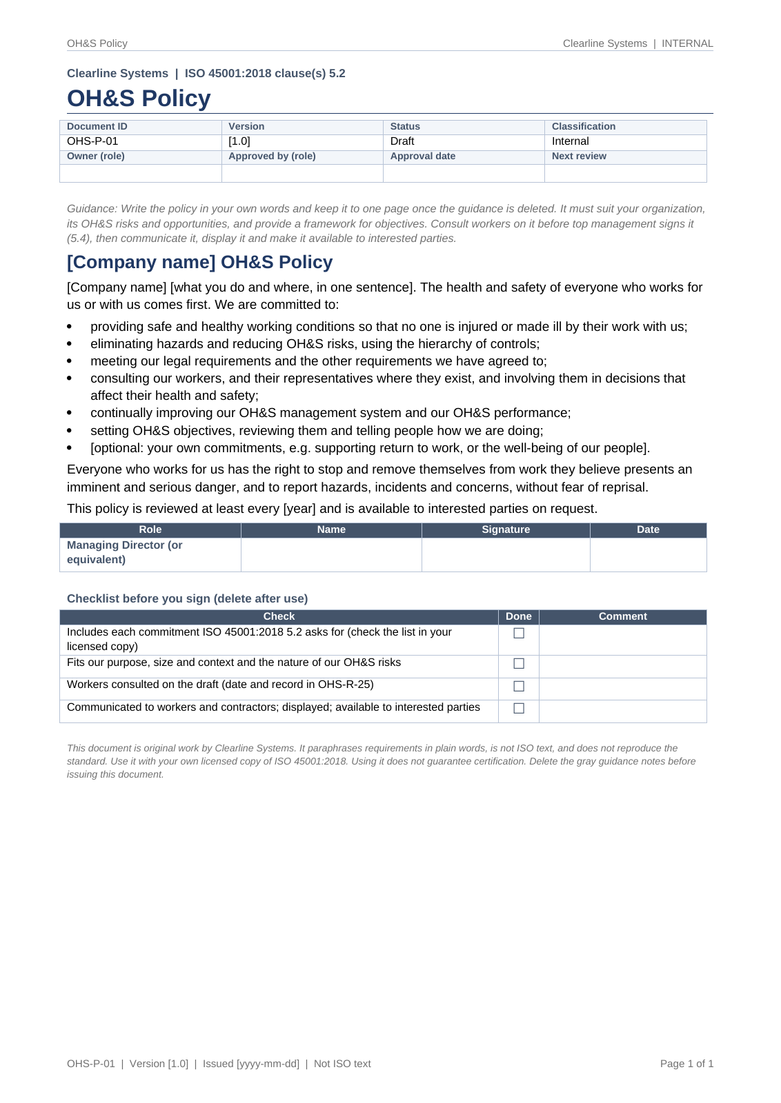 OH&S policy template with commitments and a checklist before you sign