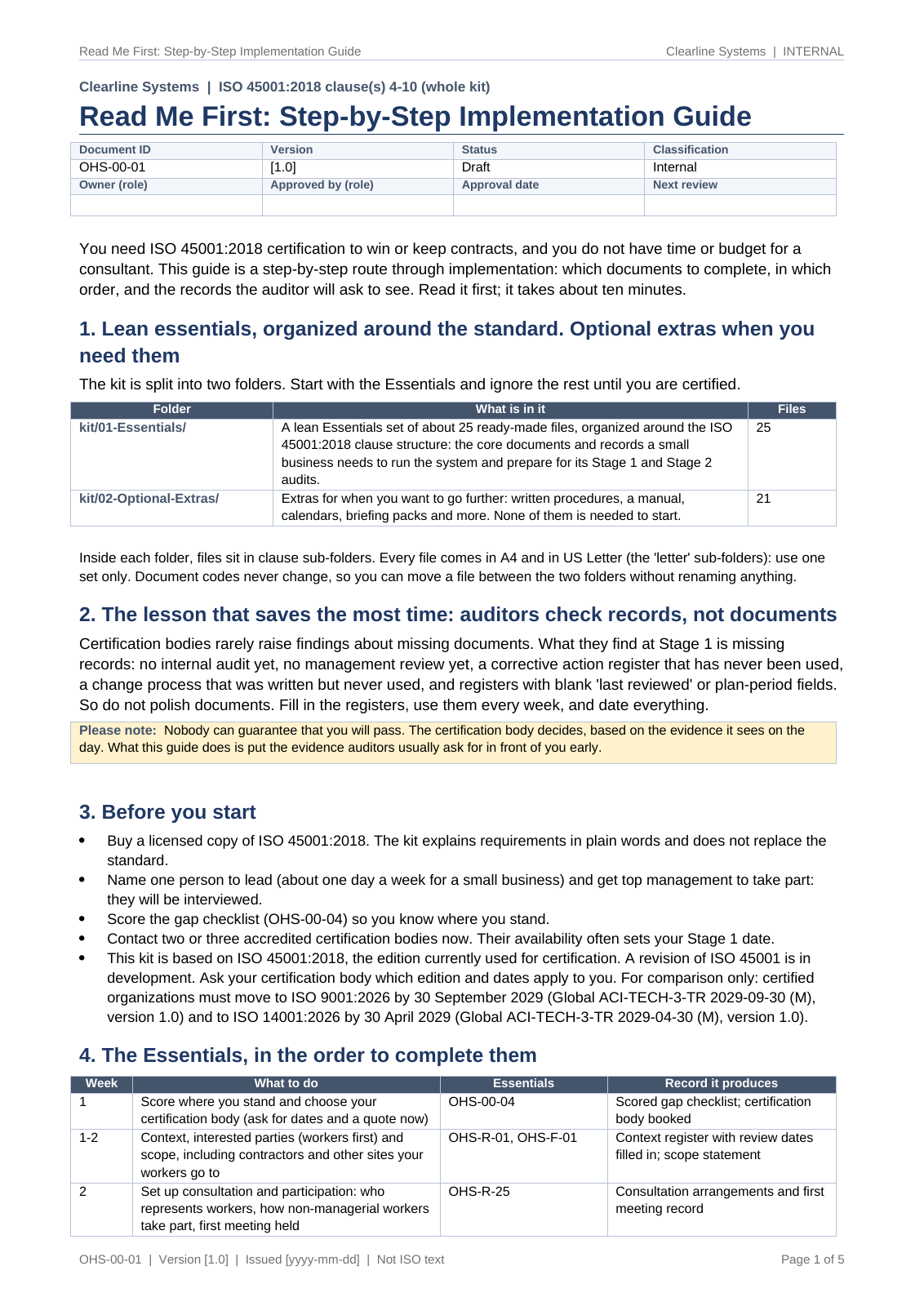 Read Me First, page 1: why you need it, the Essentials and Optional folders, auditors check records not documents, before you start, and the Essentials in order