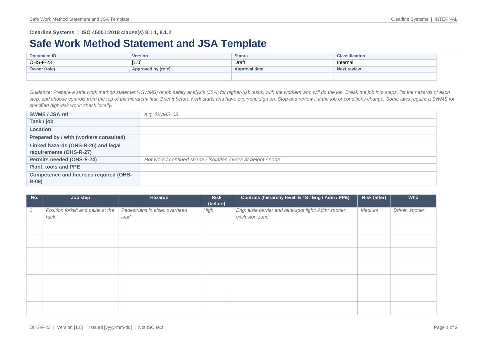 Safe work method statement and JSA template: task details, then a table of job steps, hazards, controls by hierarchy level and who is responsible