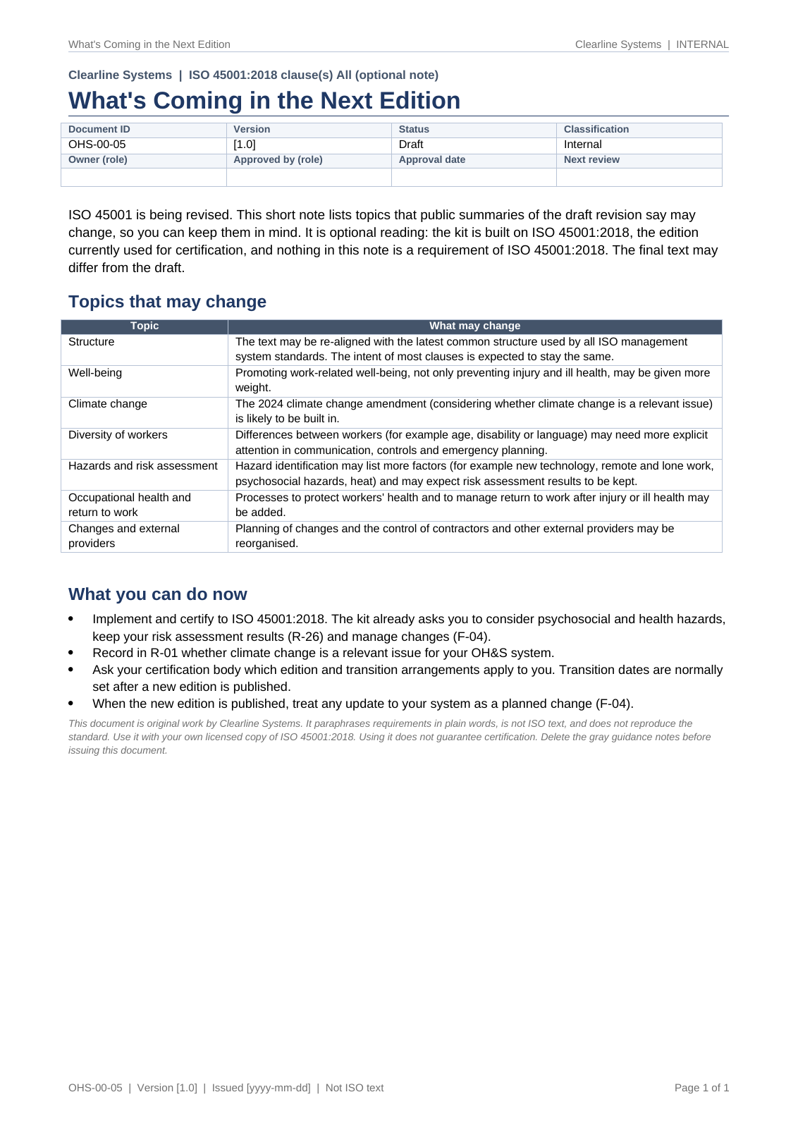 What's coming in the next edition: a short optional note listing topics that may change and what you can do now; nothing in it is a requirement of ISO 45001:2018