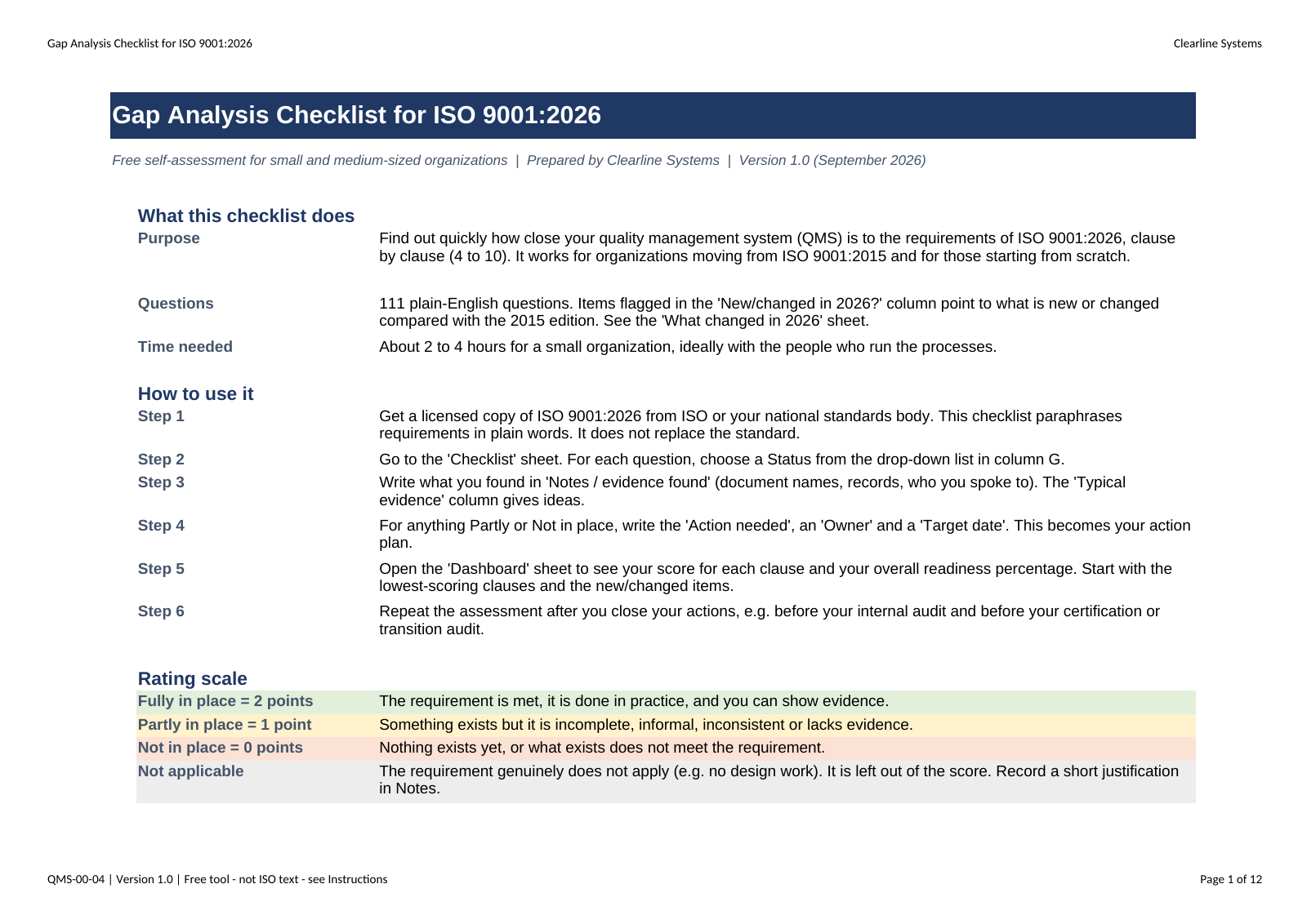 Instructions sheet of the Excel checklist