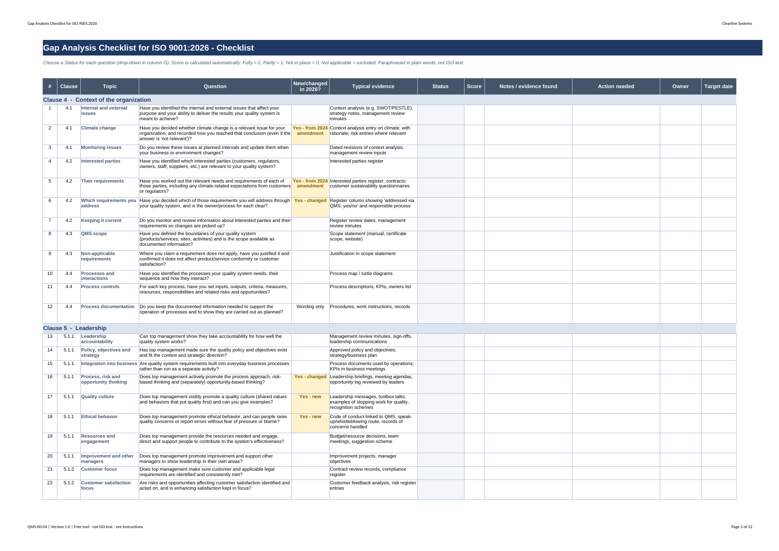 Blank checklist sheet of the Excel workbook with 2026 change flags and typical evidence