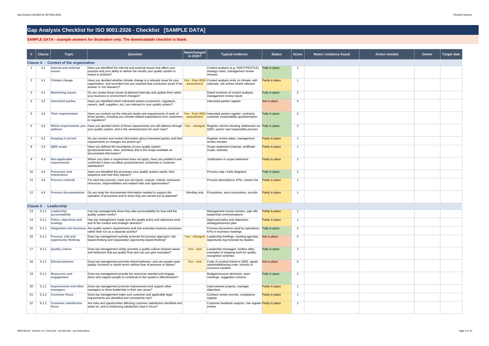Excel checklist sheet filled with sample answers, evidence notes and actions