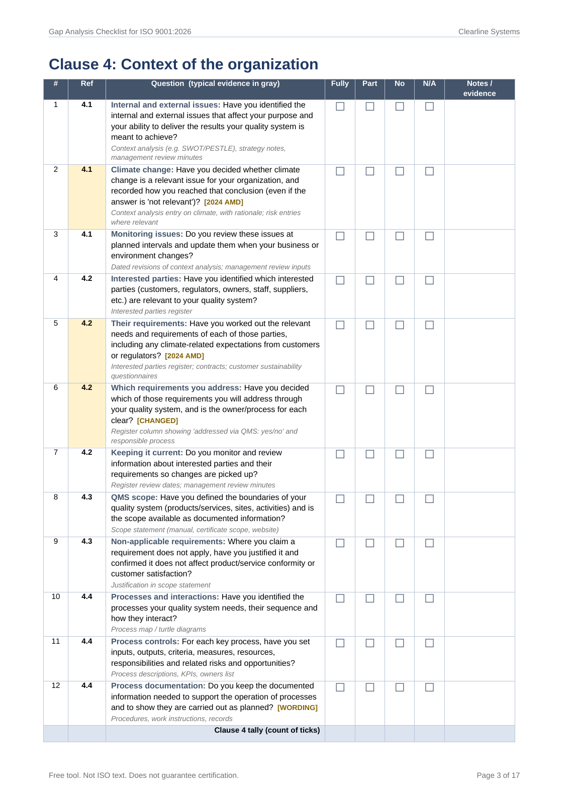 Question page of the printable Word checklist with tick boxes