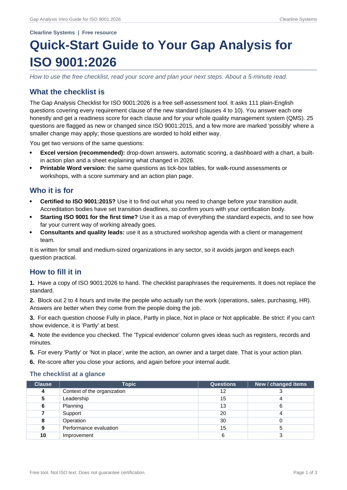 Page 1 of the Gap Analysis Intro Guide for ISO 9001:2026