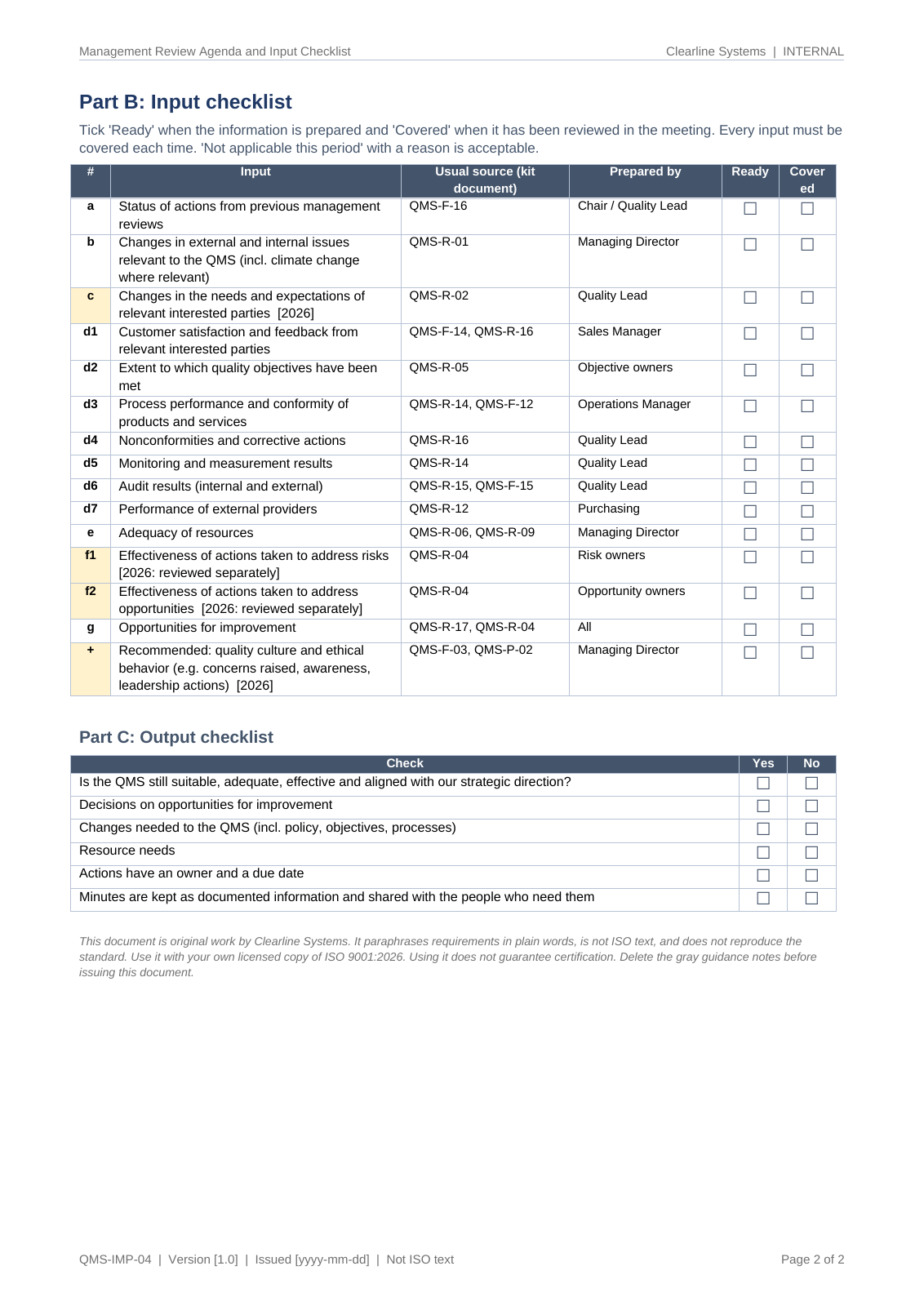 Management review input checklist with every input, source kit document, preparer and Ready/Covered ticks