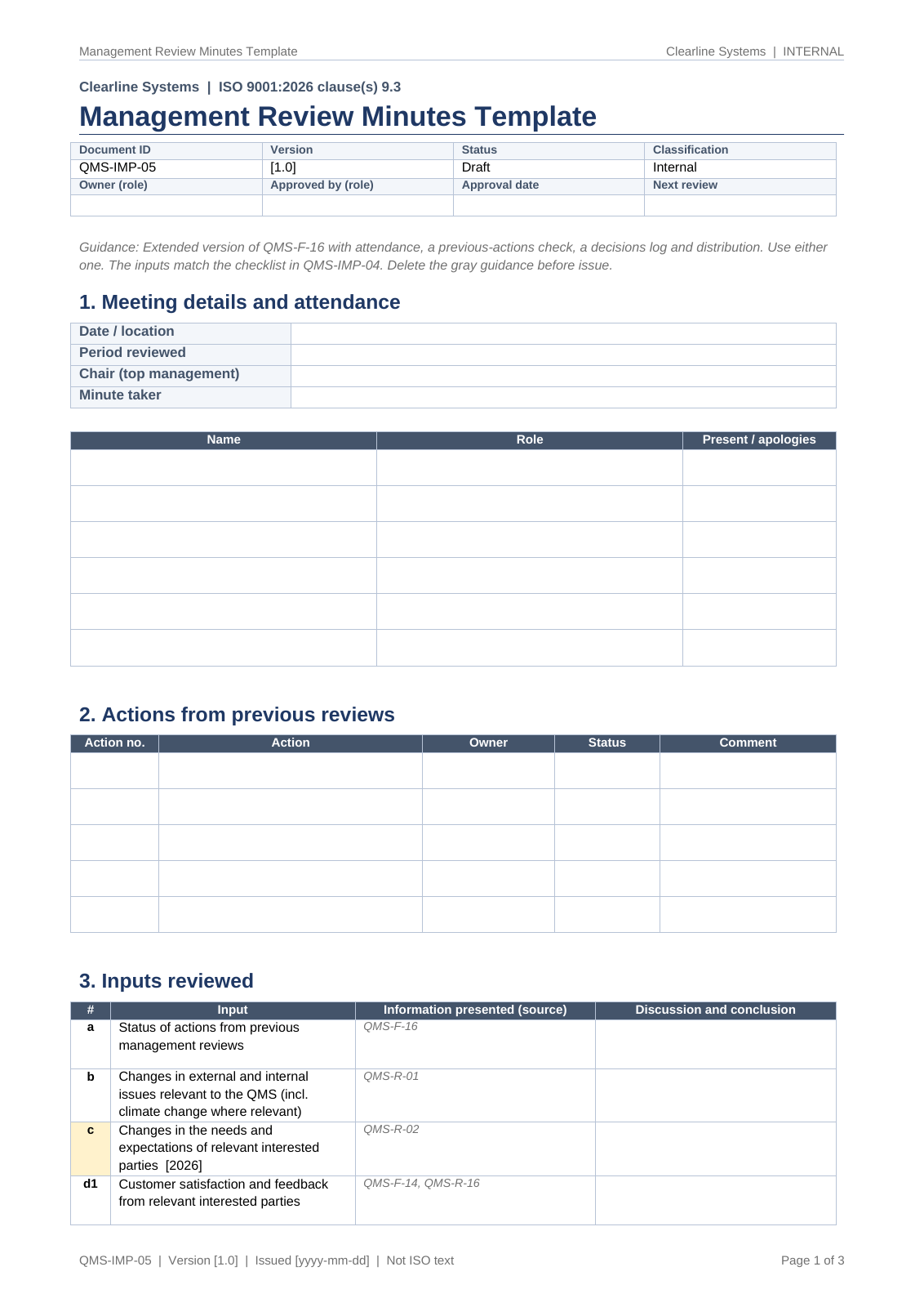 Management review minutes template, page 1: attendance, actions from previous reviews and the first inputs with source documents