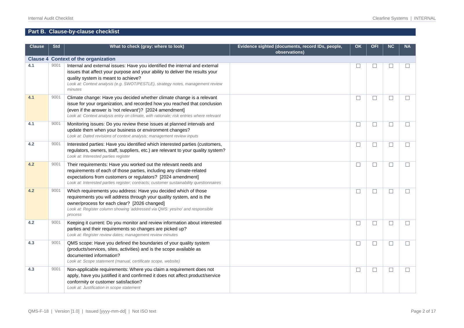 Internal audit checklist, clause 4 prompts with where to look, evidence sighted and OK / OFI / NC / NA tick boxes