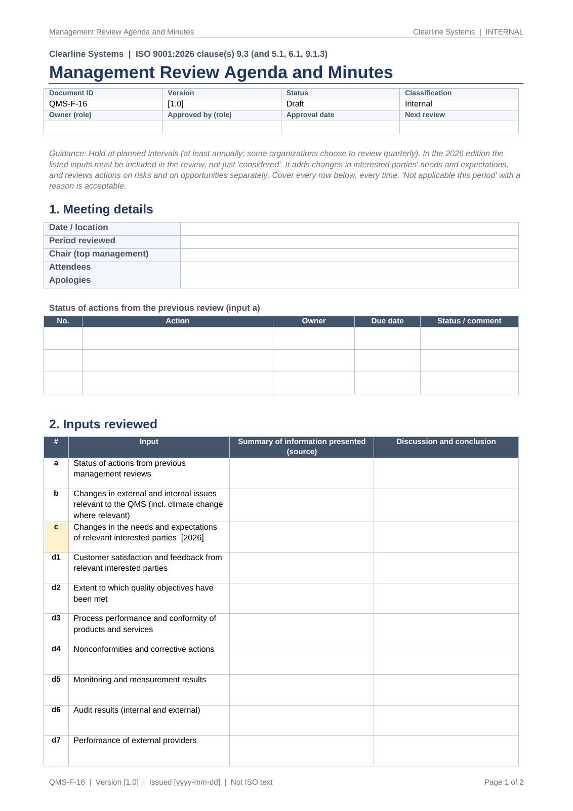 Management review agenda and minutes template, page 1