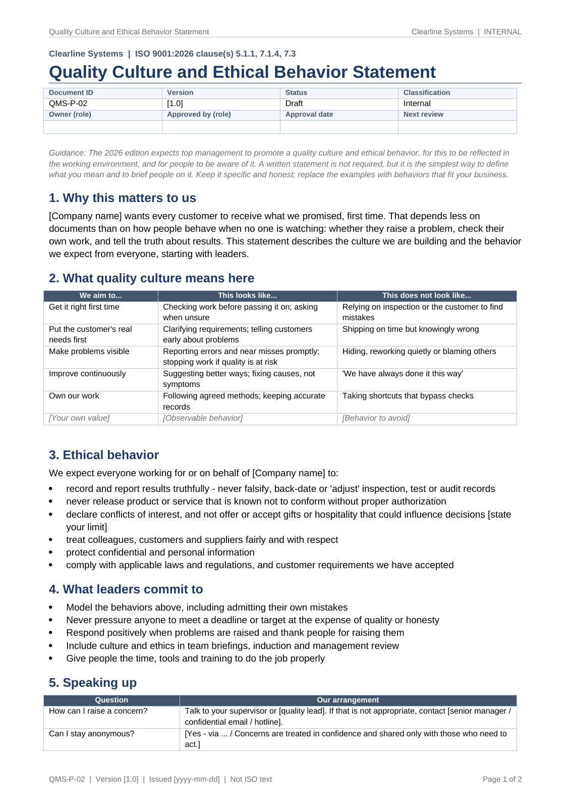 Quality culture and ethical behavior statement, page 1: expected behaviors, ethics, leadership commitments and speak-up route