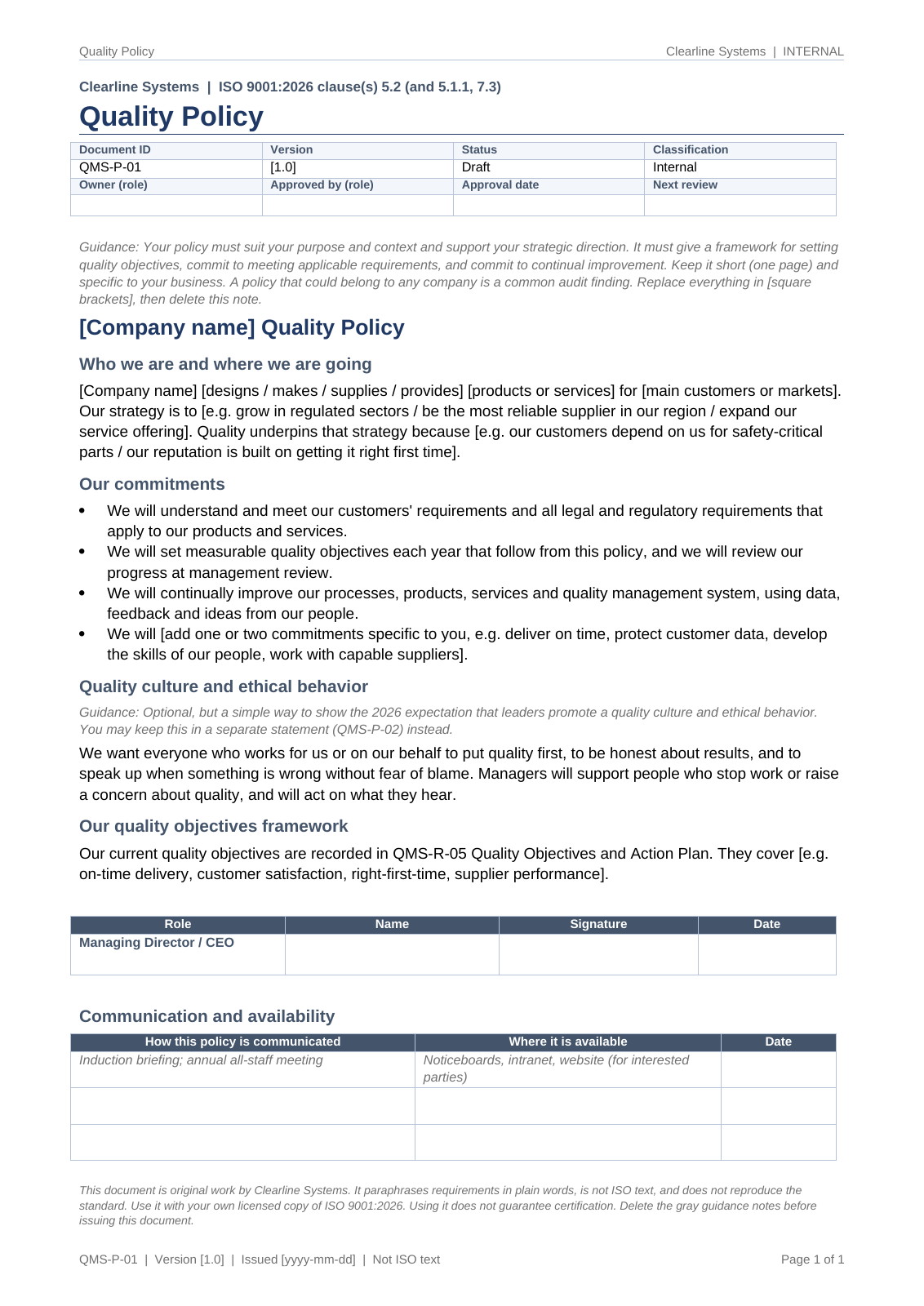 Quality policy template, page 1