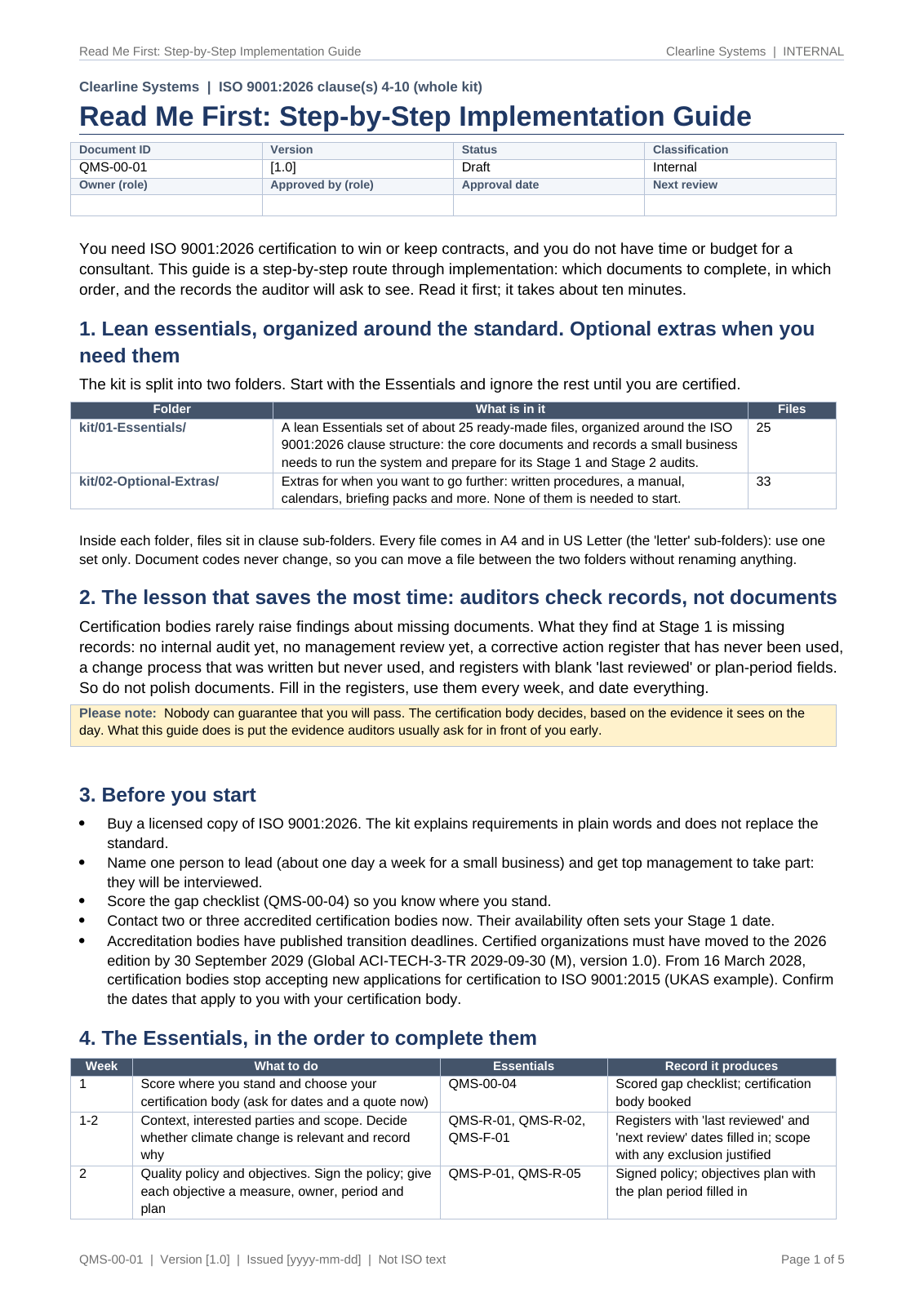 Read Me First, page 1: Essentials and Optional folders, "auditors check records, not documents", before you start, and the Essentials in week-by-week order